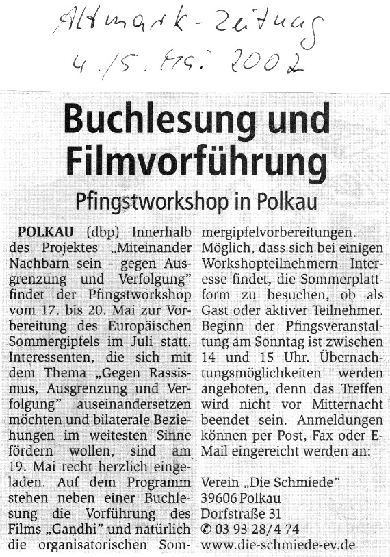05.05.2002 az ankuendigung pfingstworkshop Die Schmiede e.V. 05.05.2002 az ankuendigung pfingstworkshop Die Schmiede e.V.