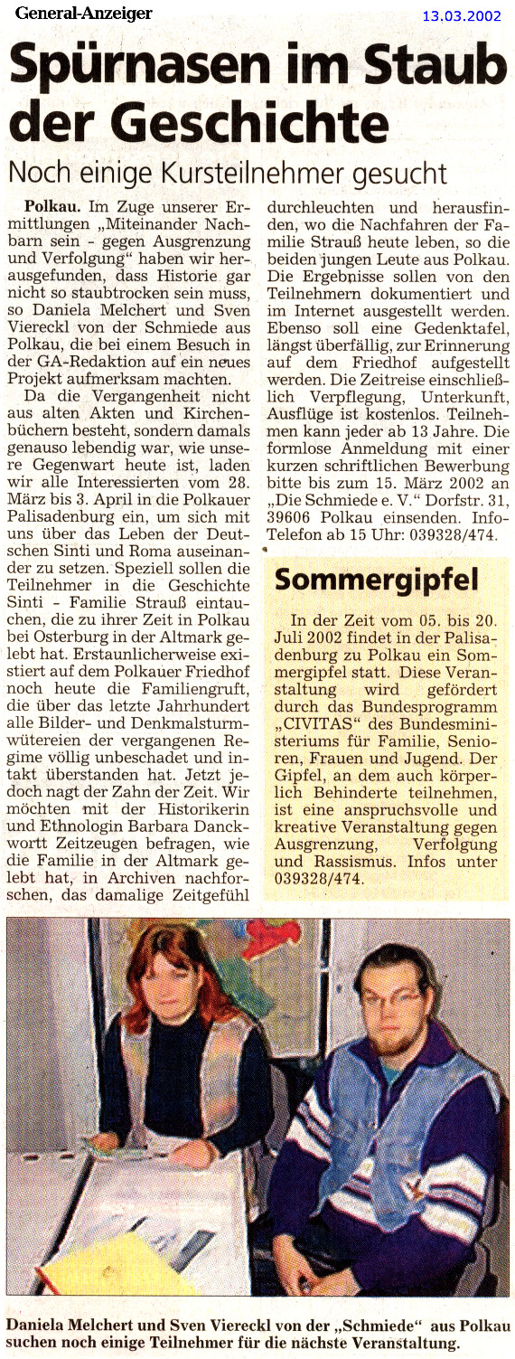 13.03.2002 generalanzeiger spuernasen Die Schmiede e.V.