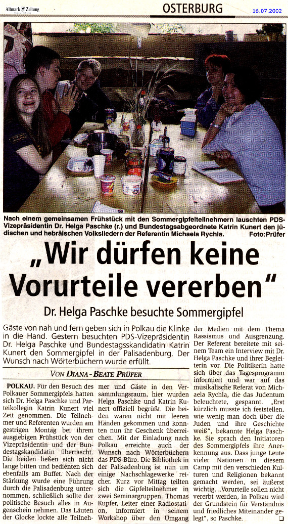 16.07.2002 az sommergipfel paschke keine vorurteile vererben Die Schmiede e.V.